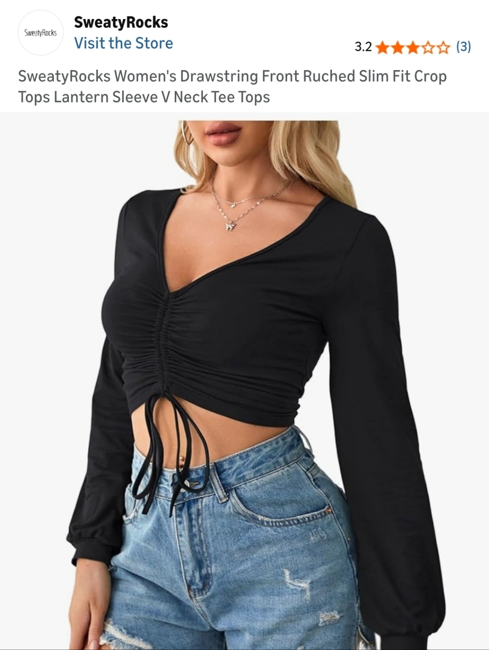 Sweaty Rocks Black Ruched Drawstring V‑Neck Crop Top - Picture 3 of 8